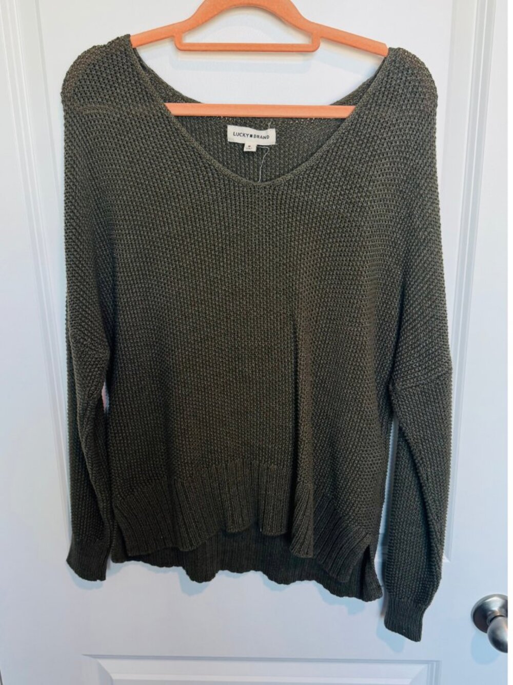 (2 for $10) Lucky Brand Olive Green Chunky Knit V-Neck High-Low Sweater Size M